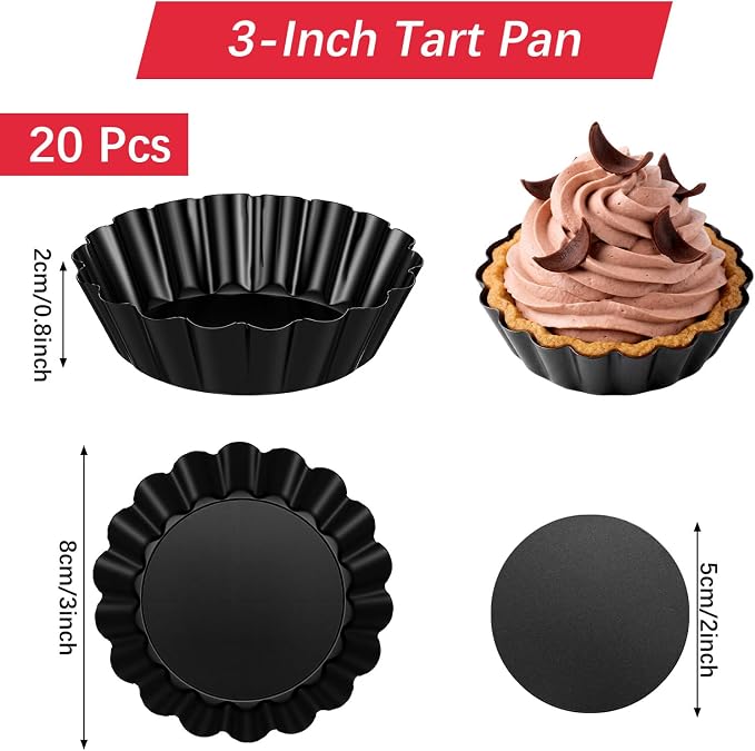 20Pcs 3 Inch Mini Tart Pan, Black Carbon Steel Egg Tart Molds with Removable Bottom Round Non-stick Deep Quiche Pan, Heavy Duty Fluted Side for Pies, Egg Tarts Mold for Baking, Mousse Cakes