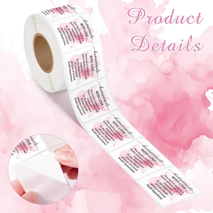 PANTIDE 500 Count Pink Watercolor Cottage Food Law Labels Sticker | Homemade with Love, Adhesive Square Decal Roll, Made in A Home Kitchen Inspection Statement, for Food Packaging, 2 x 2 Inch