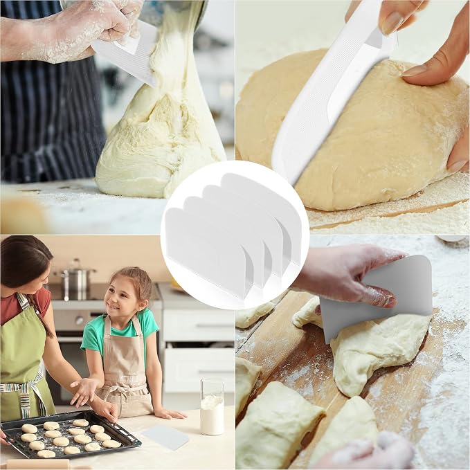 Queekay 4 Pcs Plastic Dough Scraper, Flexible Bowl Bench Scraper Spatula Cutter Tool for Baking Bread Cake Pastry Kitchen Multipurpose Food Non-slip Bakeware Decorating Sculpting Modeling Tools White