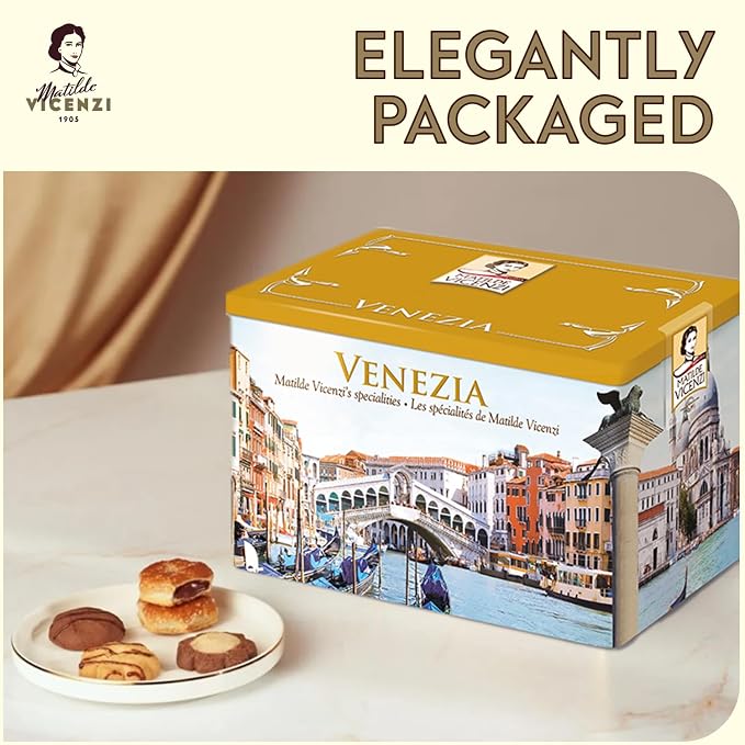 Matilde Vicenzi Venezia Cookie Gift Tin - Italian Pastries & Cookies in Individually Wrapped Trays - Gourmet Gifts for Teachers, Fathers Day - Assorted Cookies in Italian Design Tin 32.5oz (920g)