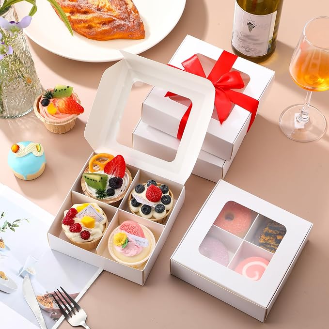 50 Pcs Kraft Treat Boxes with Window and Dividers, Empty Candy Truffle Baking Boxes, Square Cupcake Cookies Containers for Wedding Gift Giving (5.91 x 5.91 x 1.97 Inches,White)