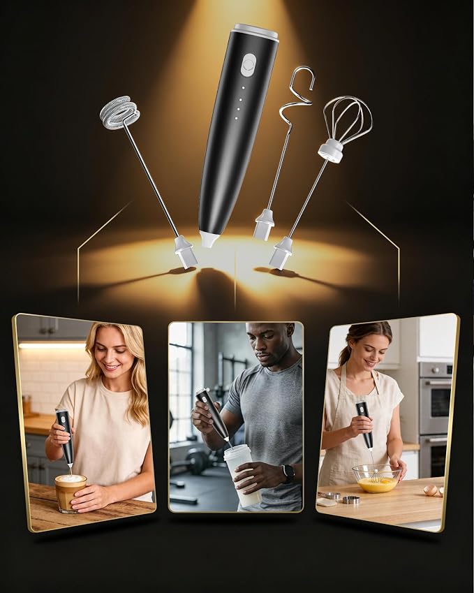 Milk Frother Handheld,Portable Electric Drink Mixer/Wand,Egg Whisk-Black | USB C Rechargeable | 3 Adjustable Speeds | 3 Detachable Whisks | Quiet Operation | For Coffee, Latte, Matcha,protein powder