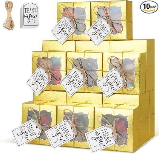 KPOSIYA 10 Pcs Gold Bakery Boxes with Window Individual Cupcake Boxes 4x4x2.5 Inches Cookie Boxes Kraft Paper Silver Gift Box for Pastries, Cookies, Pie, Donuts, Macaroon