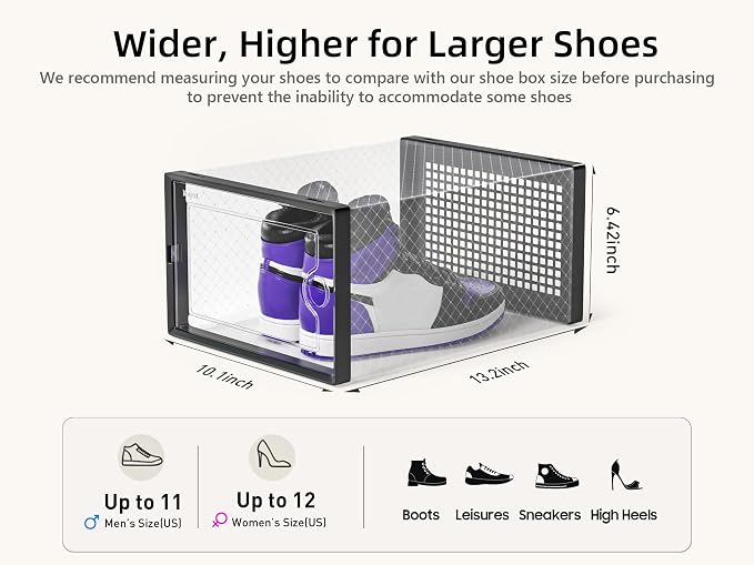 Kuject X-Large Shoe Storage Boxes Organizers Clear Plastic Stackable 12 Pack, Shoe Rack & Holder Substitute, Sneaker Containers, Toy Storage Organizer Bins for Entryway, Closet, Under Bed, Black