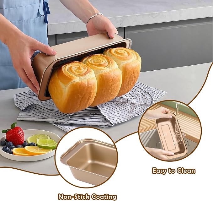 3 Pack Nonstick Loaf Pans – 9x5 Inch Carbon Steel Bread Pans for Baking, Rust-Resistant & Stackable Bakeware for Home Kitchen & Bakery (Gold Finish)