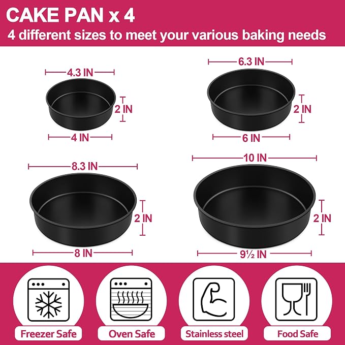E-far Cake Pan Set of 4 (4 inch/6 inch/8 inch/9½ inch), Nonstick Round Baking Cake Pans for Tier Birthday Wedding Cake, Stainless Steel Core & Non-Toxic Coating, 2 Inch Deep (Black)