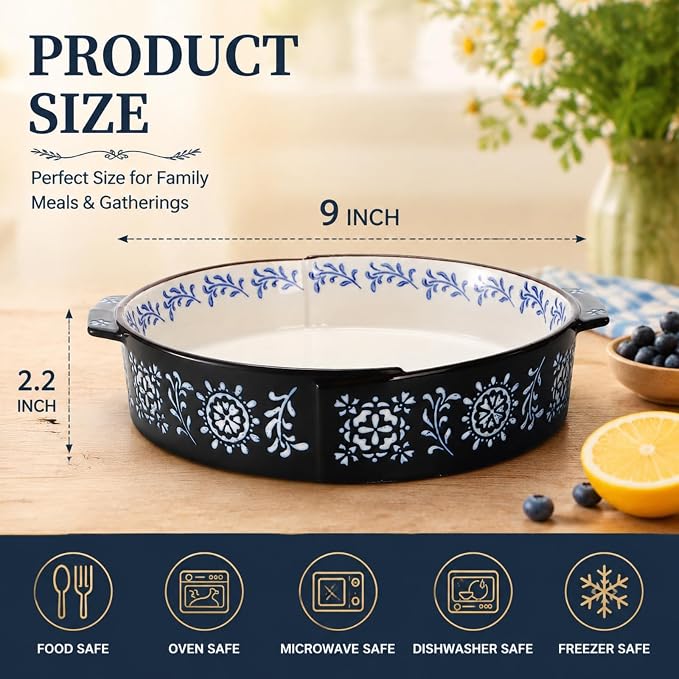 Covzoe 2 Pack Ceramic Baking Dish, 9 Inch Non-Stick Pie Pan with Double Handle, 44 Oz Deep Round Pie Plate Bakeware for Apple Pies, Quiche, Thanksgiving, Housewarming Gift