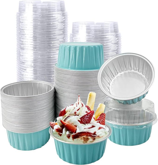 100Pcs Aluminum Cups with Lids,5oz Disposable Ramekin Baking Cups Muffin Liners Mini Pie Pans Foil Cupcake Containers for Christmas Party Wedding,Blue
