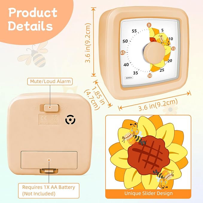 Visual Timer for Kids 60 Minute – Silent Countdown Clock Timers with Sunflower & Bee Design, Desk Timers for Classroom Must Haves Focus Aid, Toddler Timer for Home Kitchen Homework, Orange