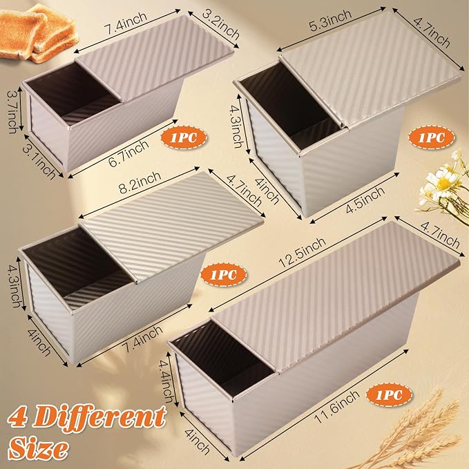 4 Pcs Bread Loaf Pan with Lid, 2.2LB/1LB/0.8LB/0.5LB Dough Capacity Pullman Loaf Pan, Non-Stick Sandwich Bread Loaf Pans, Carbon Steel Bread Pans,Toast Box for Sandwiches, Breads, Sourdough