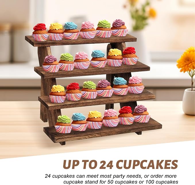 2Pcs Wooden Cupcake Stand - 4 Tier Cupcake Display Stand, Rustic Tiered Display Stand, Tool Free Installation Cupcake Stand for Birthday Party Decoration Supplies