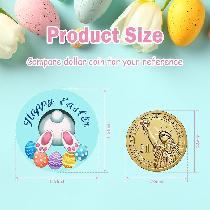 Louise Maelys 500 Pcs Easter Stickers Roll, 1.5 Inch Cute Egg Bunny Rabbit Holiday Lable, Happy Easter Adhesive Decoration Round Labels for Baking Card Gift Wrapping Envelope Craft Making