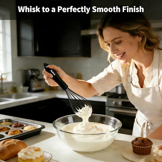 Anaeat Silicone Balloon Whisk, Perfect for Non-Stick Cookware, Milk and Egg Beater Blender, Heat Resistant Kitchen Whisks for Whisking, Cooking, Baking, Beating, Frothing & Stirring (Black)