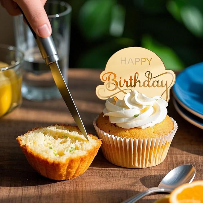 20 Pcs Mirror Acrylic Happy Birthday Cupcake Toppers Gold Happy Birthday Cake Topper Engraved Cake Picks for DIY Birthday Gift Flower Bouquet Pastries Desserts Decor