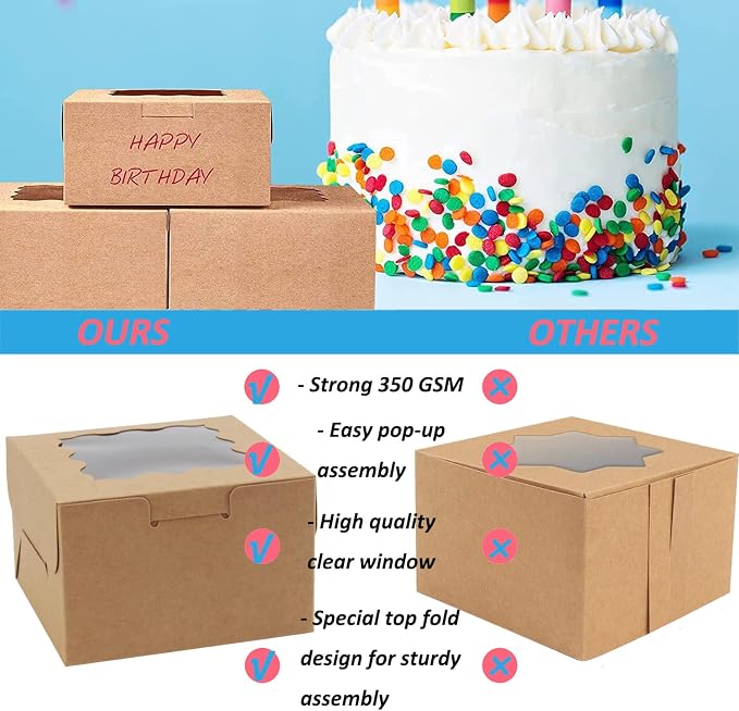 OAMCEG 100 PCS Bakery Boxes with Window and Stickers - 4x4x2.5 Inch Individual Cupcake, Pastry, Cookie, Small Cake Boxes - Carrier Holders & Containers for Mini Dessert Packaging