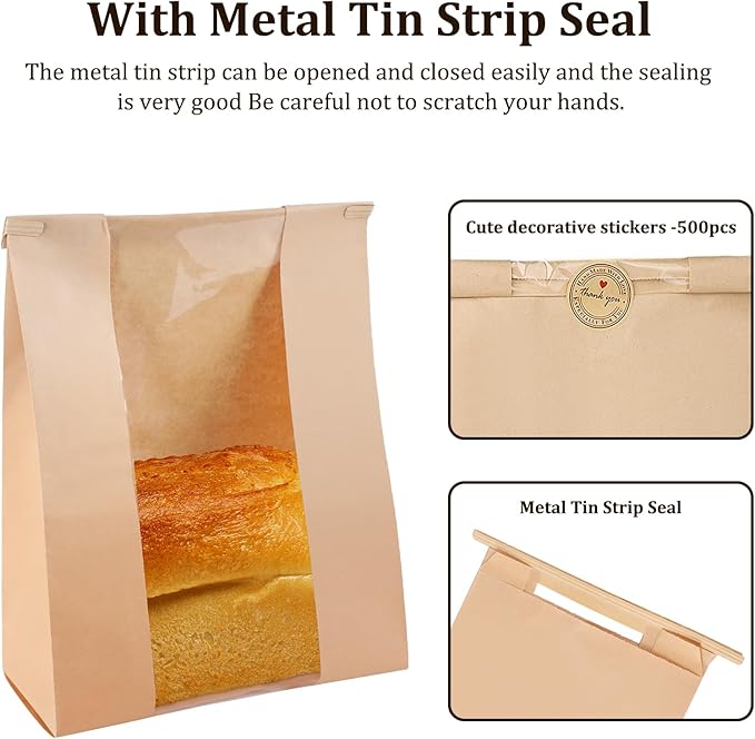 100 Pcs Bread Bags for Homemade Bread Sourdough Bags Paper Kraft with Window 14" x 8.3" x 3.5" with Tin Strip and 500 Pcs Seal Stickers for Cookies Coffee Beans and Bakery