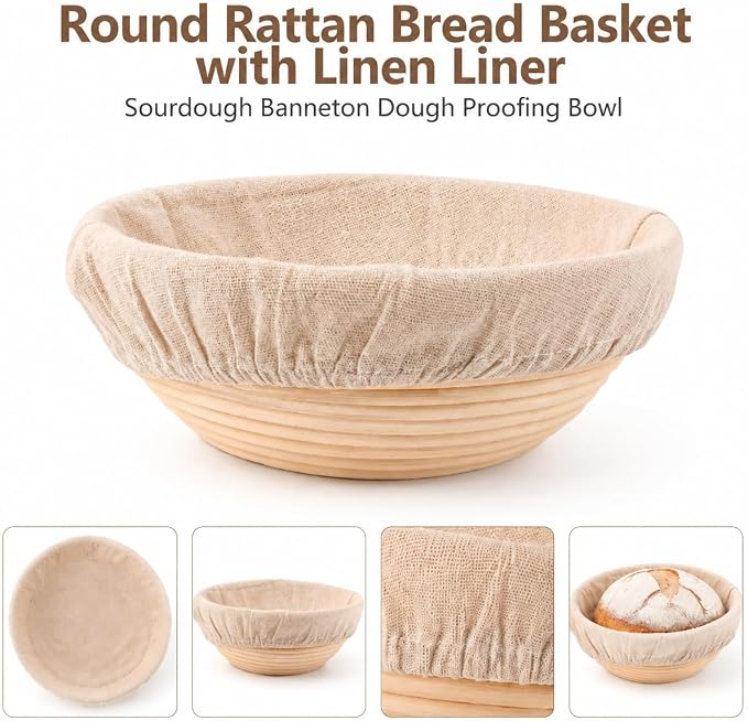 10.2 Inch Round Bread Proofing Basket with Liner, Banneton Dough Proofing Bowl for Sourdough and Artisan Bread Baking