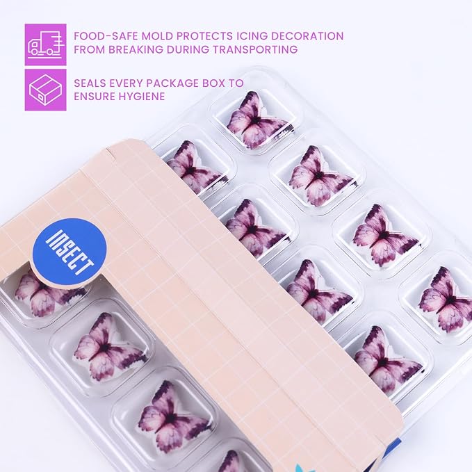 Edible Butterflies for Cake Decorating, 16 Pcs Purple Edible Butterflies, Royal Icing Butterfly for Cakes, Cookies, Cupcakes, Macarons, Chocolate, and Ice Cream