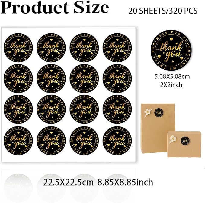 320 Pcs Thank You Stickers, 2 Inch Thank You for Supporting My Small Business Round Label Stickers Waterproof Self-Adhesive Packaging Sticker for Packaging, Gift Bags Boxes Orders