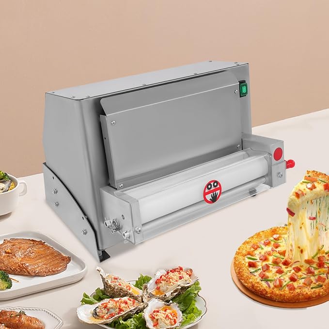 450W Electric Pizza Dough Press Machine, Commercial Dough Sheeter with Adjustable Thickness 1-5.5mm, 260 Pcs/Hour Automatic Pizza Maker with Foot Pedal, for 3-12 Inch Crust, Silver