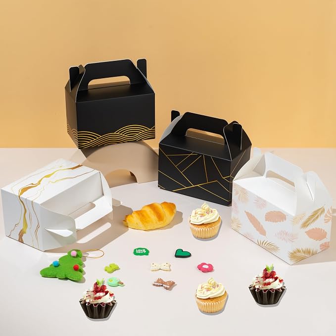 10 PCS Party Favor Treat Boxes, 6.5 x 4 x 4 Inches Gable Box with Handle, Goodie Boxes for Sweets, Candy, Cookie, Summer Picnic, Mother's Day, Outdoor Wedding, Baby Shower, Graduation, White Leaf