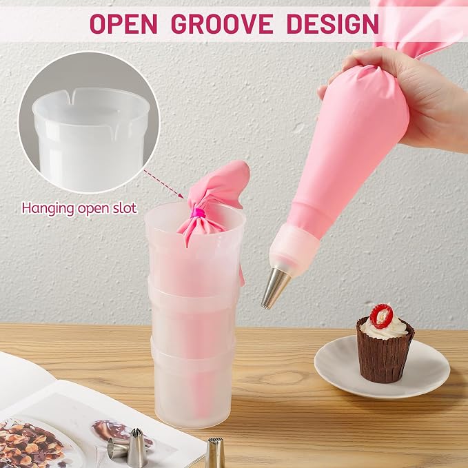 Piping Bag Holder Stand for Filling, Pastry Piping Bag Holder Stand, Clear Cream Icing Bag Holder with 2 Pack 14 Inch Reusable Piping Bags & 10Pcs Pastry Bag Ties