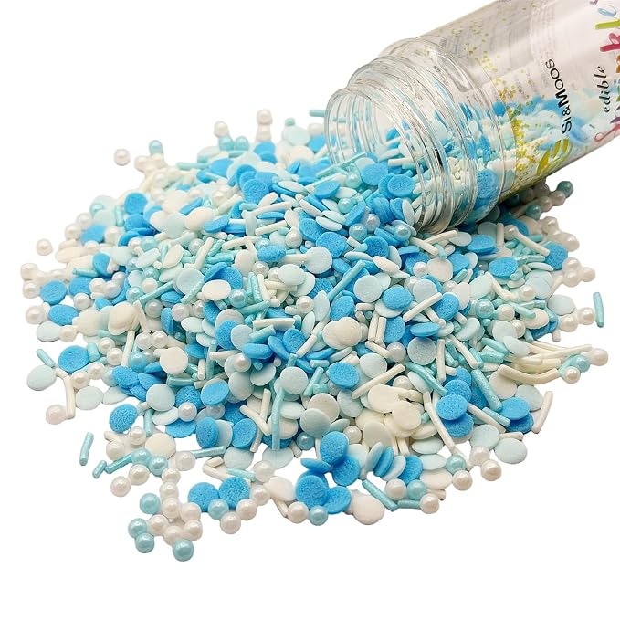 SE Si&Moos Baby Blue and White Sprinkles 3 OZ Blue and White Edible Pearls for Cake Decorating Edible Pearls and Sequins Sprinkles Mix for Baby Shower Wedding Halloween Christmas Cookie Decorations