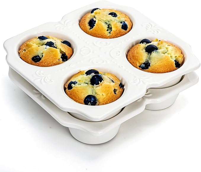 Hiceeden 2 Pack 4-Cup Ceramic Muffin Pan, Nonstick Muffin Tin with Handle, Ceramic Cupcake Baking Pans with Embossed Pattern for Muffin, Cupcake, White, 7.5" x 7" x 1.6"