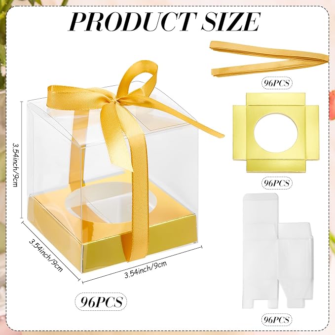 96 Pieces Individual Cupcake Boxes Single Cupcake Container Clear Cupcake Carrier Plastic Cupcake Storage Cupcake Holder with Ribbon and Insert for Wedding Birthday Party Favor, 3.5 x 3.5 x 3.5(Gold)