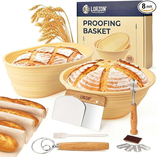 Lorzon Silicone Banneton Bread Proofing Baskets Set of 2, 9" Round & 10" Oval Foldable Sourdough Proofing Baskets with Sourdough Bread Baking Supplies, Complete Bread Making Kit