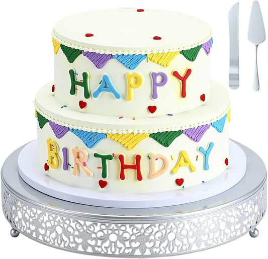 Wenqik 14 Inch Silver Cake Stand Set Metal Round Cupcake Dessert Stand with Cake Cutting, Spatula Wedding Cupcake Pastry Display Candy Holder Display for Wedding Party Birthday Baby Shower(Classic)
