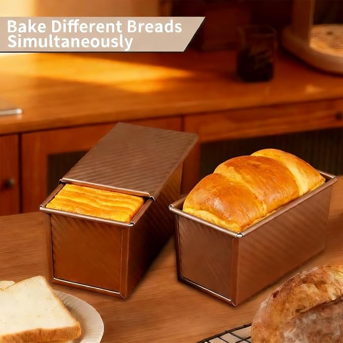 Pullman Loaf Pan with Lid 2 Pack, 8x4 Inch Bread Pans for Baking, Nonstick Square Toast Mold with Bottom Vents, Professional Sandwich Bread Pan for Sourdough, 1LB Carbon Steel Baking Pans