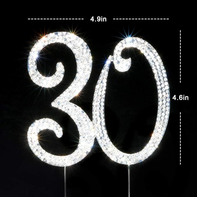Scotamalone 30 Cake Topper Silver Premium Bling Rhinestone Diamond Gems 30th Birthday or Anniversary Party Decoration Ideas