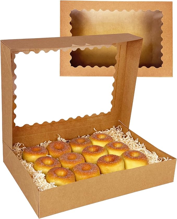 qiqee Auto-pop Up Brown Cookie Box with Window 14x10x2.5 inch 24Pcs Bakery Pastry Macaron Bakery Box For Packaging