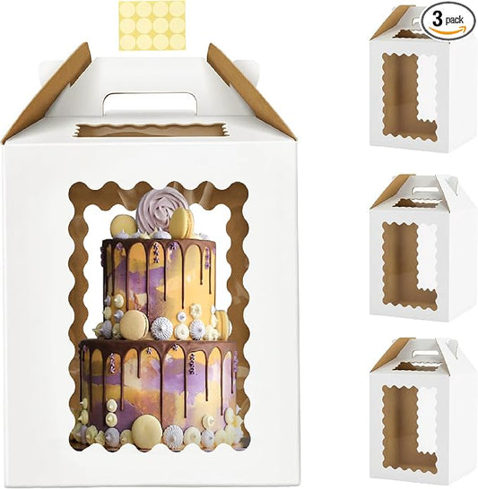 3 Pack 12in Tall Cake Boxes for Tier Cakes, 12x12x14 Inch Tiered Cake Box,Tall Cake Carrier with Window, 10in 12in Large Tierd Bakery Take Out Transport Containers with Handle