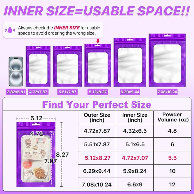 100 PCS Resealable Mylar Bags with Zip and Frosted Clear Window Smell Proof Packaging Bag Foil Pouch Zipper Bag for Food Self Sealing Storage Supplies (Purple, 5.12x8.27)
