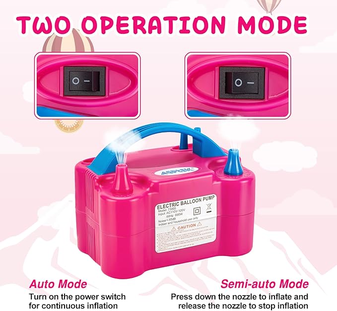 AGPTEK Electric Air Balloon Pump, 110V 600W Rose Red Portable Dual Nozzle Inflator/Blower for Party Decoration