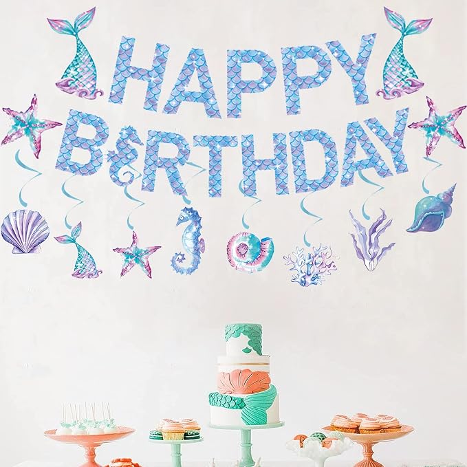 Zwiebeco Mermaid Happy Birthday Party Decoration Banner Bunting Garland Hanging Paper Swirls Kit for Kids Girls Under the Sea Theme Accessories Supplies