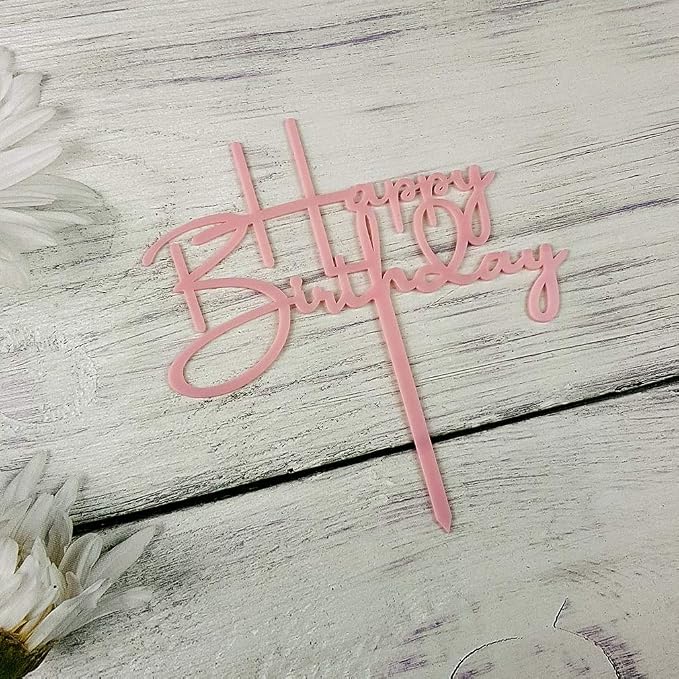 Happy Birthday Cake Topper for Birthday Party Decorations, Pink Acrylic