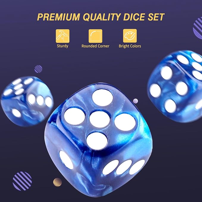 24 of Pack 16MM 6 Sided Dice Set,Pearl Pattern D6 Game Dice Set, 6 Sided Standard Dices for Yahtzee, Bunco or Teaching Math,with Portable Dice Pouch(Blue Pearl)