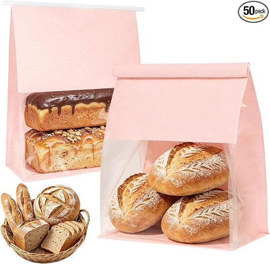 "Funcoo Paper Bread Bags with Tabs for Homemade Sourdough Bread, Pink Bakery Bread Bags with Window/Tin Tie Tab Lock, Large Bakery Loaf Bag for Baked Goods Packaging" (50, X-Large)