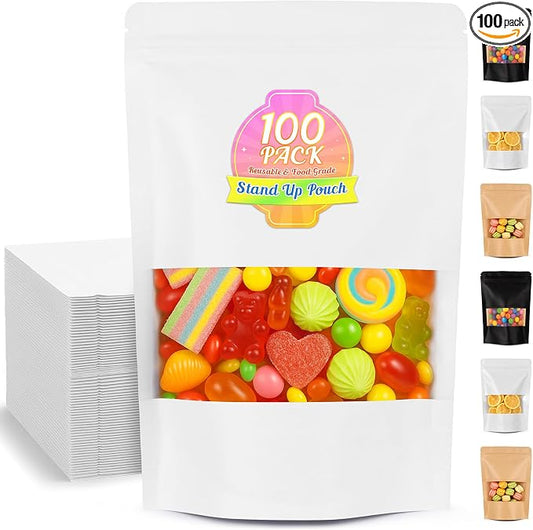 Food Bags 100 Pack Granola Trail Mix Bags Sealed Bag with Window Resealable Stand Up Pouches Wax Melt Candy Bar Tea Packaging Beef Jerky Chip Bag Bolsas para Carne Seca