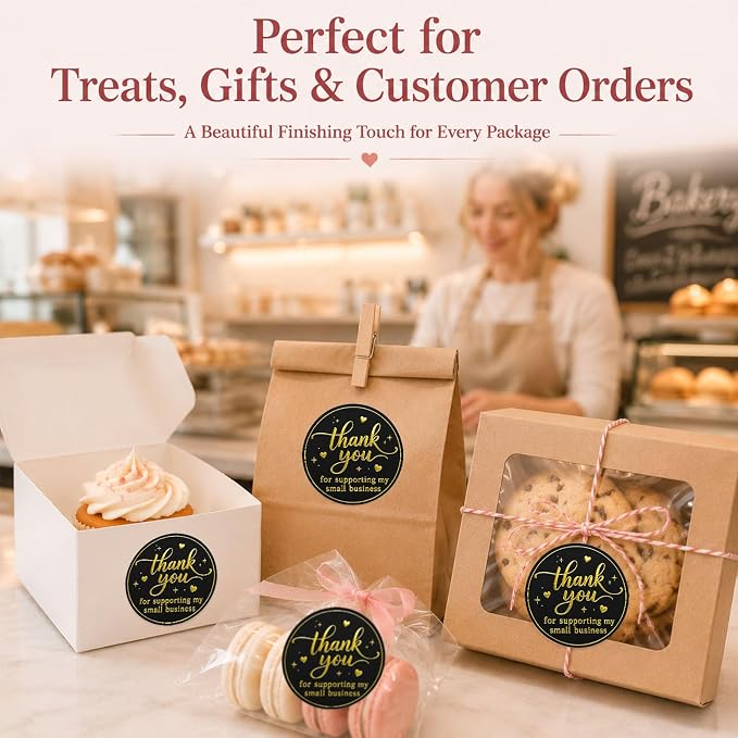 100PCS Thank You for Supporting My Small Business Stickers, Black Gold Foil Labels for Boutique Packaging, Bakery Boxes, Dessert Treat Bags, Shipping Mailers, Handmade Sellers & Small Shops.1.6 inch