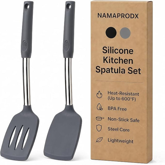 Silicone Spatula Set (2-Pc) - 600°F Heat Resistant, BPA Free, Non-Scratch, Dishwasher Safe I Slotted & Solid Kitchen Spatula Turners I Ideal for Eggs, Pancakes, Fish I Stainless Steel I Gray