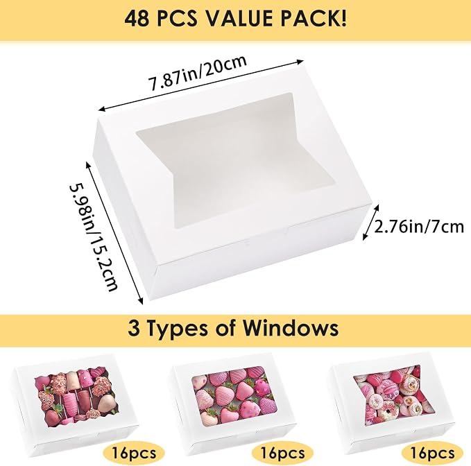 Moretoes 48pcs Cookie Boxes with Window, 8x6x2.5 Inch 3 Style Pastry Boxes for Treat, Chocolate Covered Strawberries, Candy, Muffins, Donuts