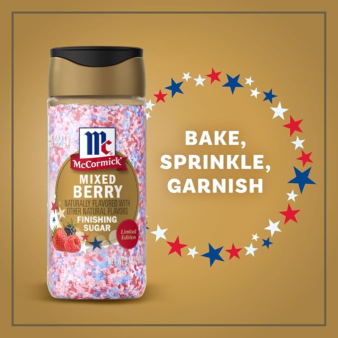 McCormick Finishing Sugar, Mixed Berry, Limited Edition, Sweet Berry Flavors, Sprinkle on Breakfast and Dessert Favorites, Garnish Beverages, 3.15 oz