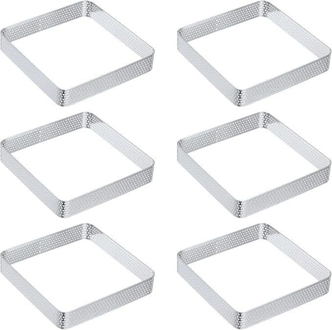 uxcell 6pcs Square Perforated Cake Rings 4.3 x 4.3 Inch Stainless Steel Cake Pastry Mousse Ring Molds for DIY Cake Dessert Mousse Pastries Baking, Silver Tone