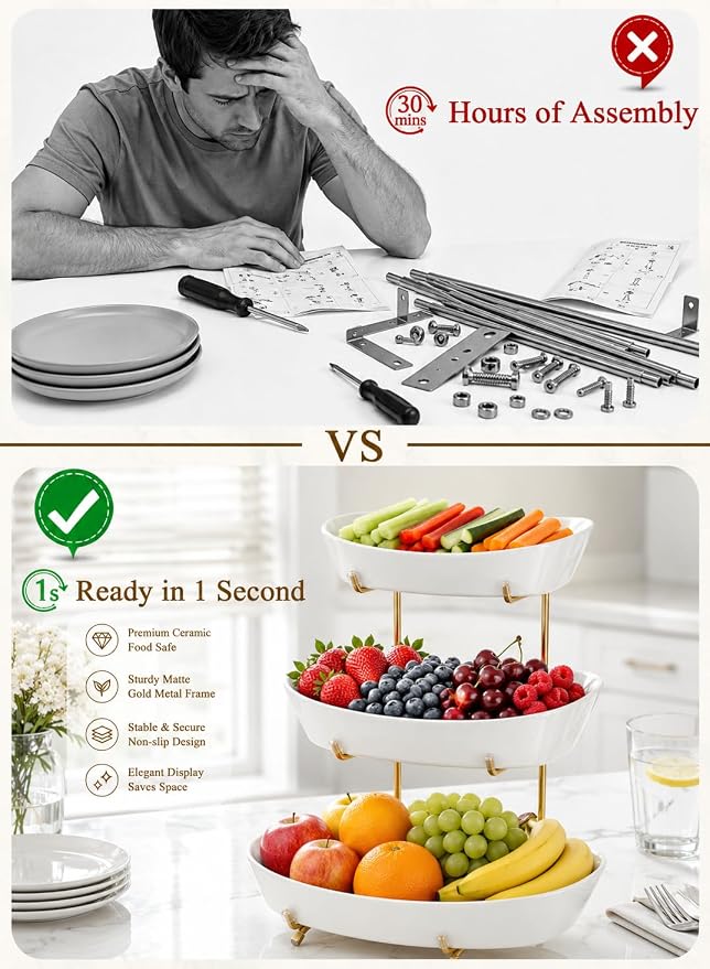 3 Tier Fruit Bowl for Kitchen Counter, No Assembly Required Ceramic Fruit Basket with Metal Stand, Tiered Fruit Stand for Countertop for Fruit, Veggies, Snacks, Cake & Desserts