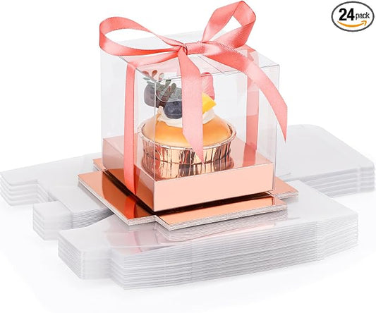 EUSOAR Disposable Cake Containers with Lids, 24pcs 3.5 Inch Rose Gold Individual Cupcake Box Containers for Cake, Plastic Cupcake Wrappers Cupcake Holder for Wedding Birthday Party Favor