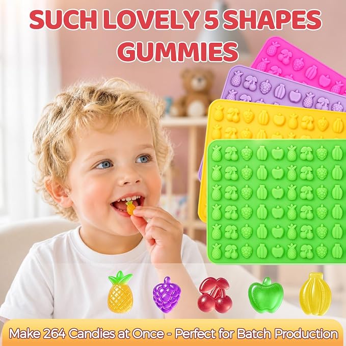 Fruit Snack Molds, 4pcs Gummy Molds Silicone Chocolate Candy Molds With 2pcs Dropper, Including Mini Pineapple, Banana, Cherry, Apple, Grape Shape